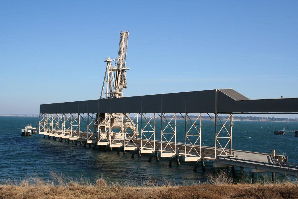 The bulk grain pier at North Geelong on Corio Bay.