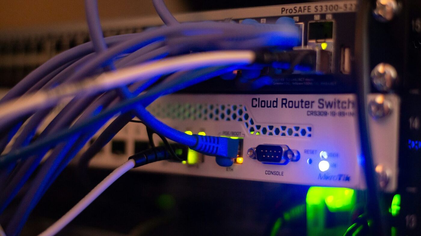 Computer networking equipment with multiple Ethernet cables connected