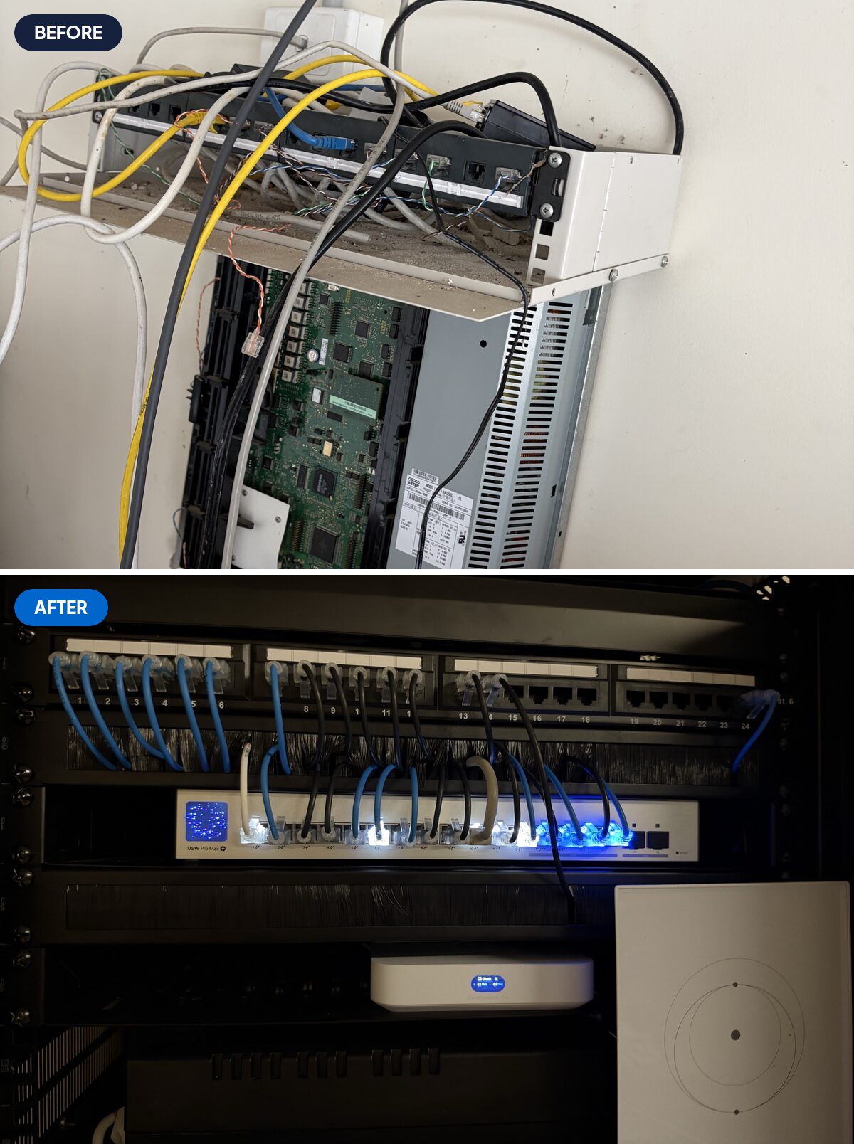 Before: a wall shelf buried in loose cable, with an old office phone system underneath, its cover off and circuit board showing. After: a black network cabinet with short blue and black leads running neatly from numbered ports to a single switch.