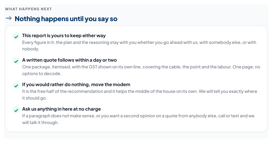 The what happens next section of the report: four ticked lines saying the report is yours to keep either way, a written quote follows within a day or two, the free half of the fix is worth doing anyway, and questions cost nothing.