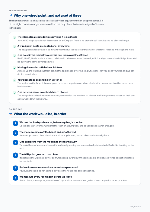 Page 4 of the sample report: the reasoning, and the work in order.