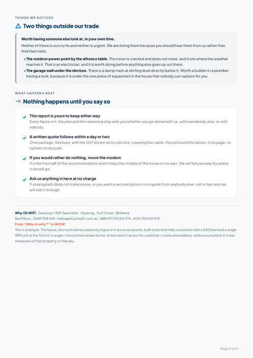Page 5 of the sample report: outside our trade, and what happens next.
